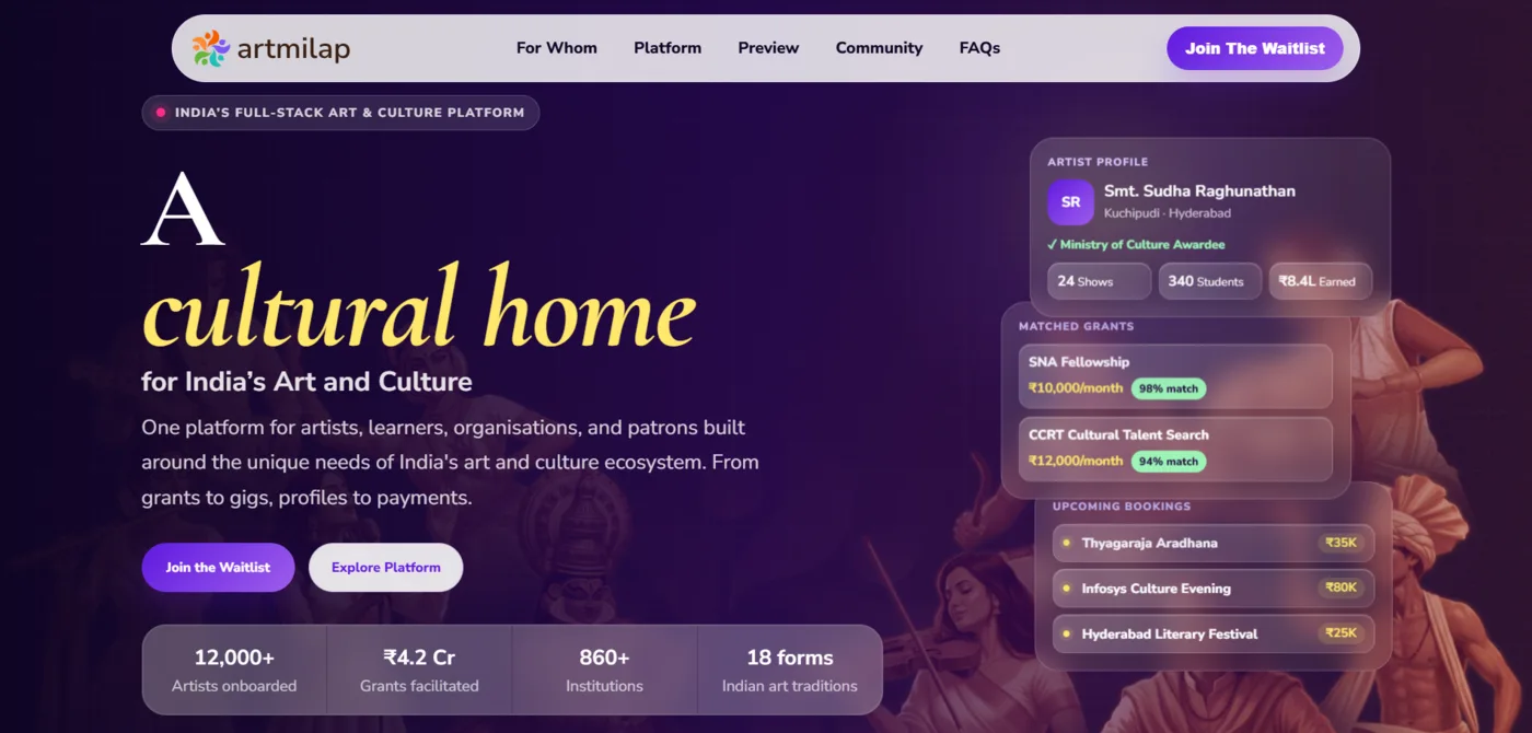 Artmilap culture and artist networking platform homepage